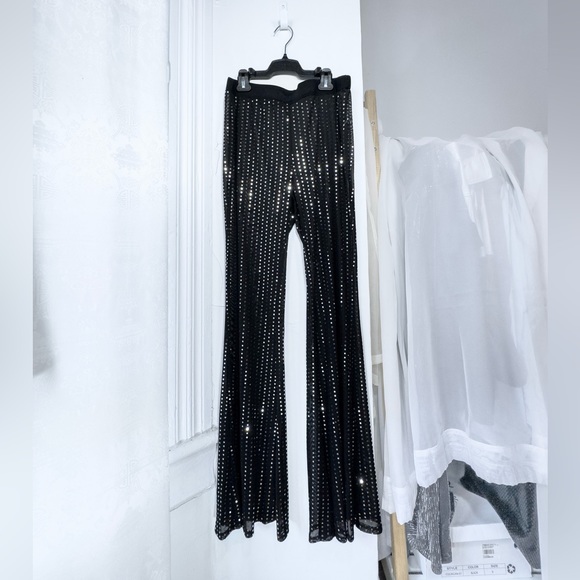 Black sheer mesh & silver rhinestone flare leg [L - XL] - Picture 1 of 5